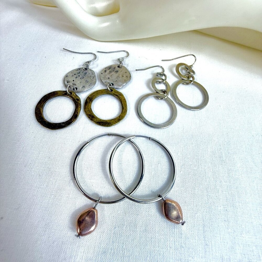 Lot of 3 Pairs Fashion Dangle Earrings – Mixed Metal Hoop & Circle Styles